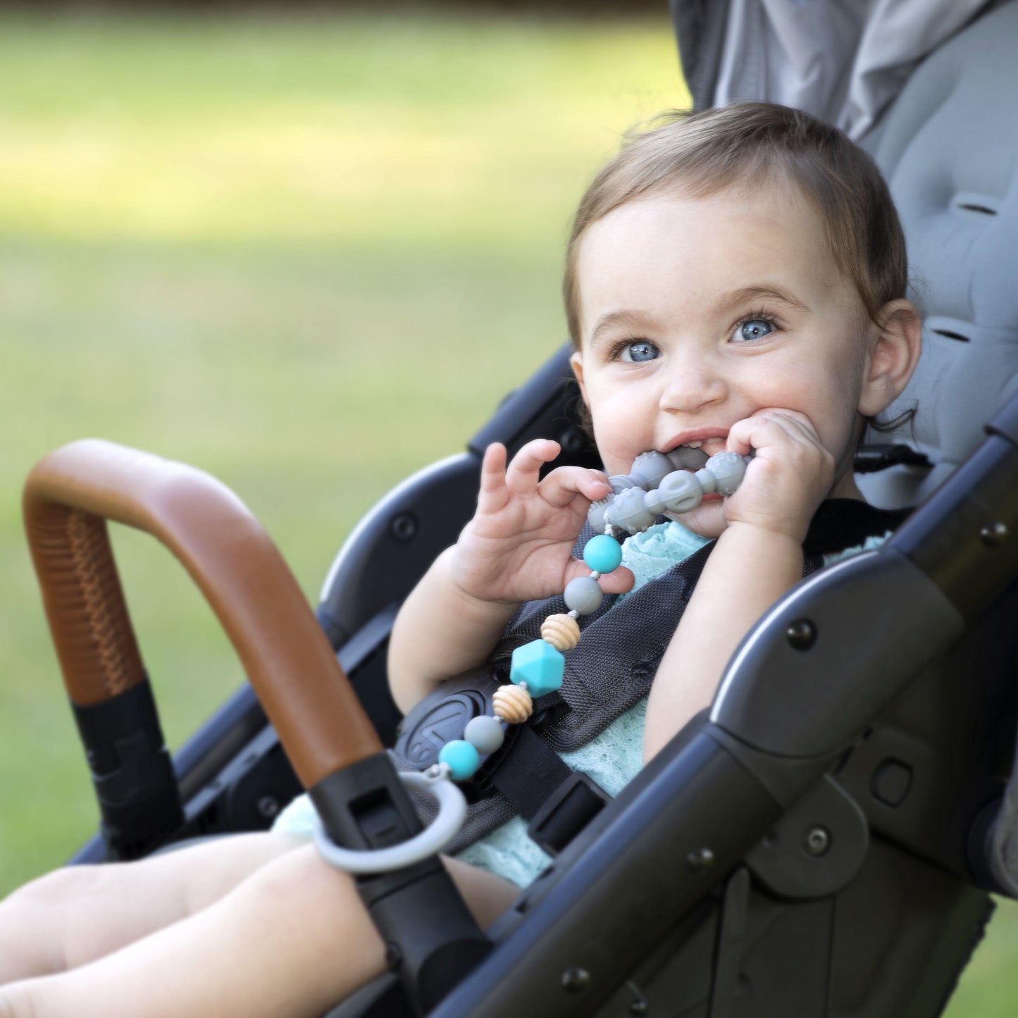 Tag-A-Long Silicone Infant Teether Toy with Ring, Beaded String, and Clip, Gray Baby Teether