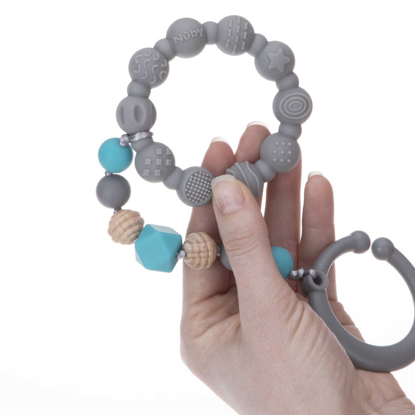 Tag-A-Long Silicone Infant Teether Toy with Ring, Beaded String, and Clip, Gray Baby Teether