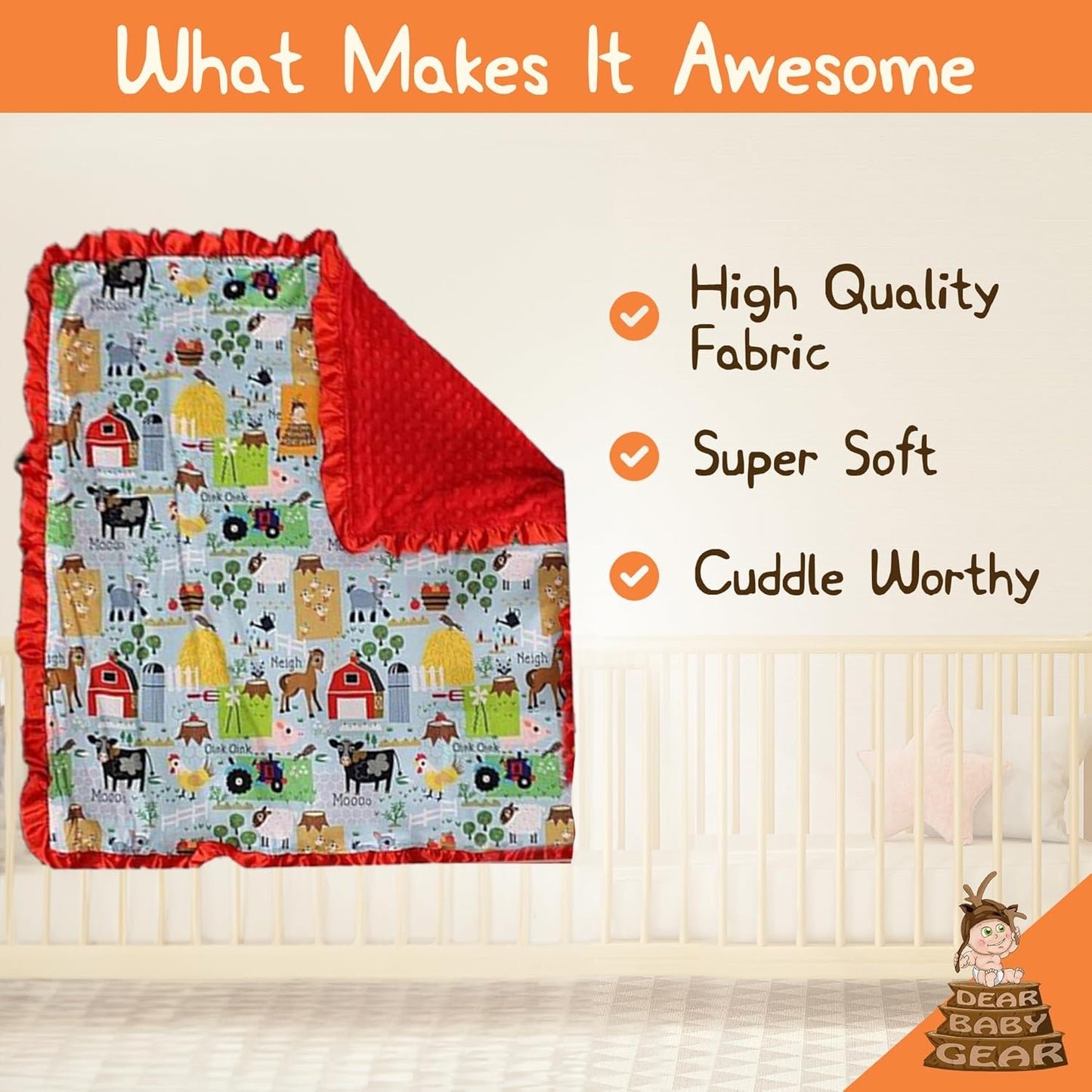 Farm Deluxe Baby Blanket - Reversible, Milestone & Newborn Gifts for Girls and Boys - Farm Life Animals, Tractor, Red, 32 Inches by 32 Inches