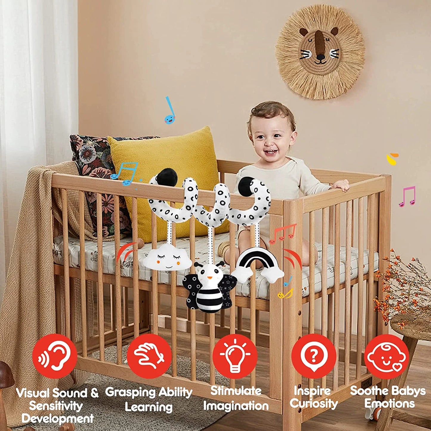 Baby Spiral Hanging Stroller and Car Seat Toys Black and White High Contrast Sensory Toy Newborn Plush Activity Toys for Bed Bassinet Crib Baby Carrier Gifts for 0 3 6 9 12 Months Girls Boys