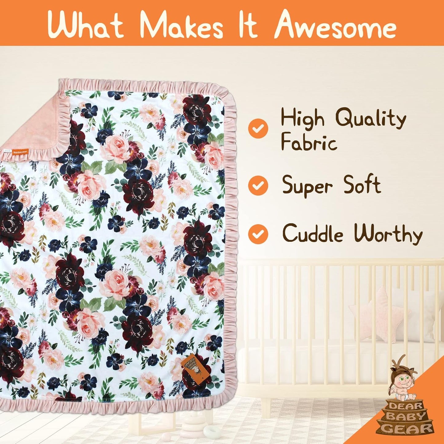 - Reversible Baby Blankets - Soft Nursery Blanket for Newborn - Toddler Blankey - Throw Blanket for Boys & Girls - Infant Blankets - 43X33 (Burgundy and Navy Floral with Blush Ruffles)