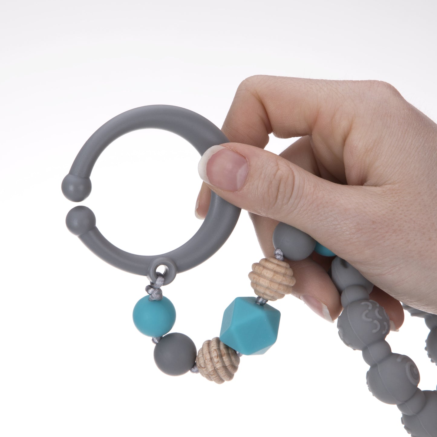 Tag-A-Long Silicone Infant Teether Toy with Ring, Beaded String, and Clip, Gray Baby Teether