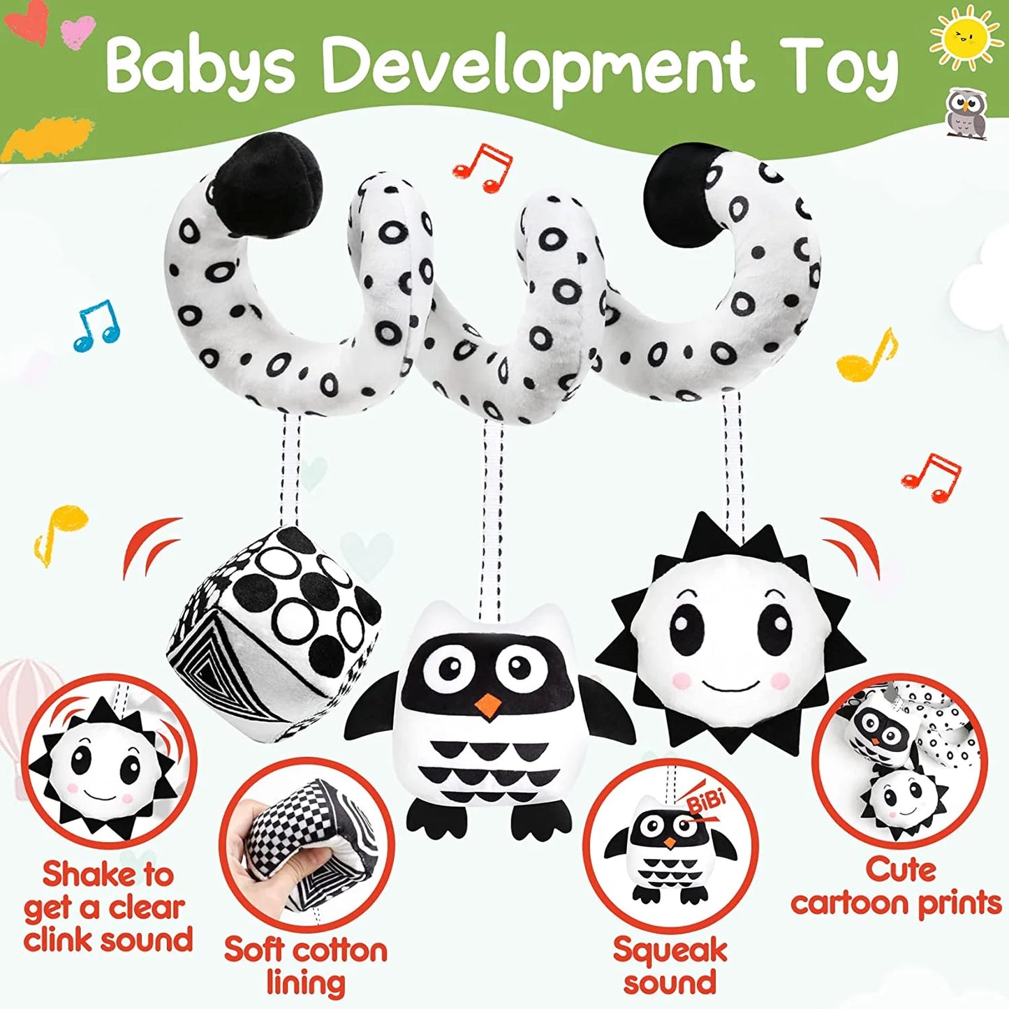 Baby Spiral Hanging Stroller and Car Seat Toys Black and White High Contrast Sensory Toy Newborn Plush Activity Toys for Bed Bassinet Crib Baby Carrier Gifts for 0 3 6 9 12 Months Girls Boys