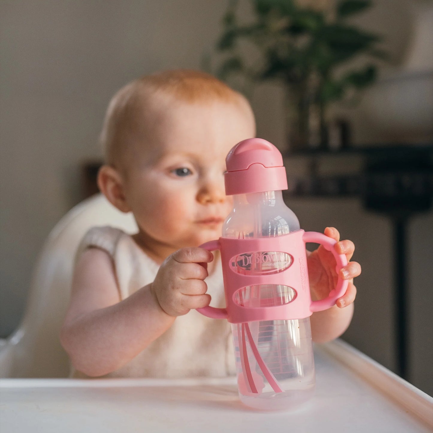 Milestones Narrow Sippy Straw Bottle, 100% Silicone Handles, 8Oz, Pink/Gray, 2 Pack