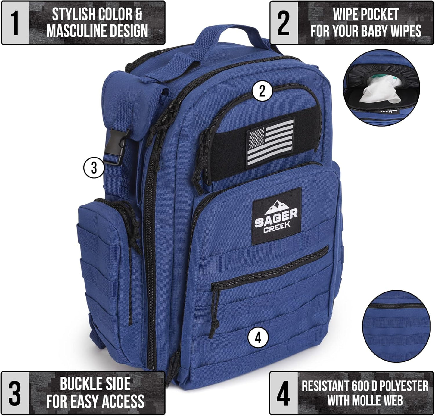 Dad Diaper Bag Backpack with Changing Pad. Waterproof Military Diaper Backpack for Men W/Insulated Compartment (Blue)