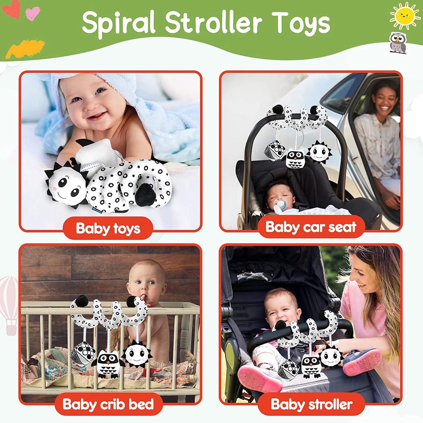 Baby Spiral Hanging Stroller and Car Seat Toys Black and White High Contrast Sensory Toy Newborn Plush Activity Toys for Bed Bassinet Crib Baby Carrier Gifts for 0 3 6 9 12 Months Girls Boys