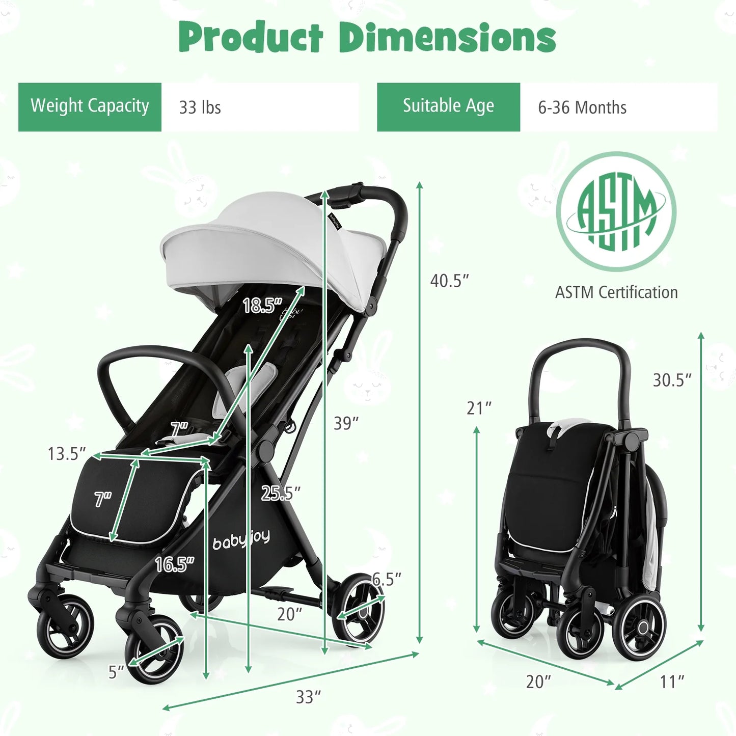 Portable Baby Stroller One-Hand Fold Pushchair W/ Aluminum Frame Grey
