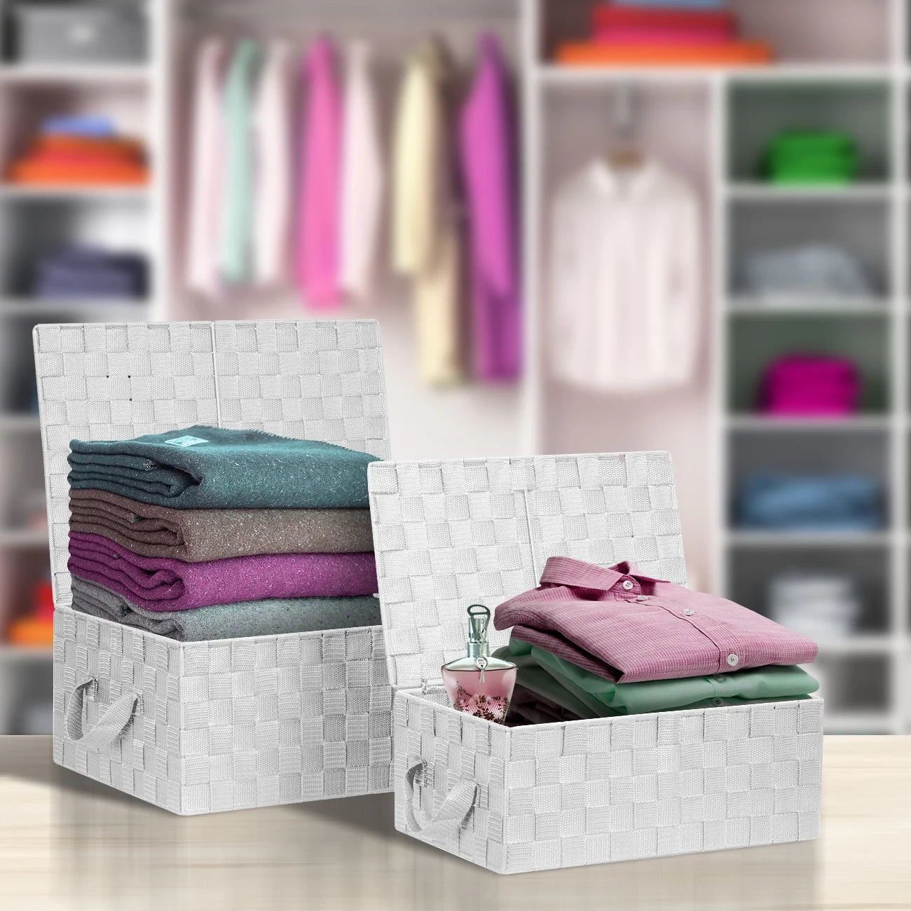 Woven Storage Bin Baskets with Handles and Lid for Closet, Shelves Organizing- Set of 3
