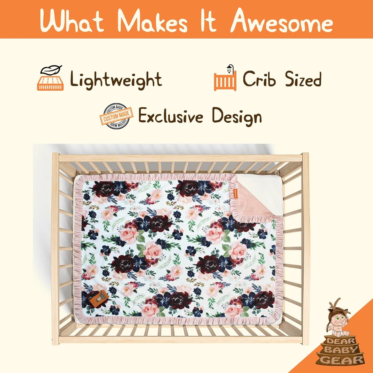 - Reversible Baby Blankets - Soft Nursery Blanket for Newborn - Toddler Blankey - Throw Blanket for Boys & Girls - Infant Blankets - 43X33 (Burgundy and Navy Floral with Blush Ruffles)