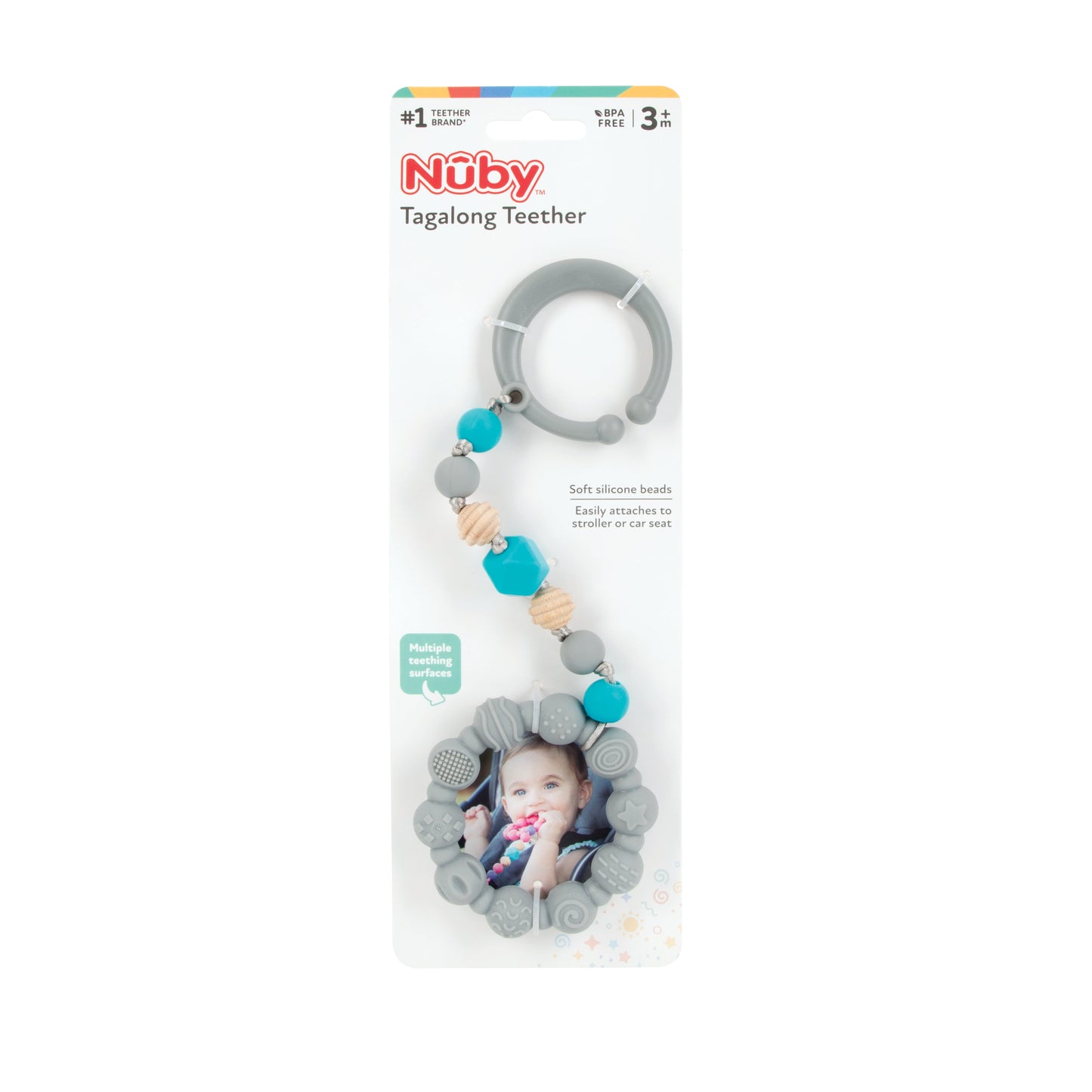 Tag-A-Long Silicone Infant Teether Toy with Ring, Beaded String, and Clip, Gray Baby Teether