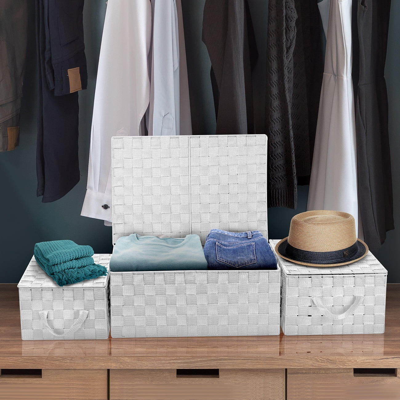 Woven Storage Bin Baskets with Handles and Lid for Closet, Shelves Organizing- Set of 3