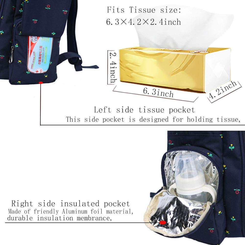 Diaper Bag Backpack, Baby Essentials Bag with Insulated Pockets Stroller Straps, (Blue Flowers)