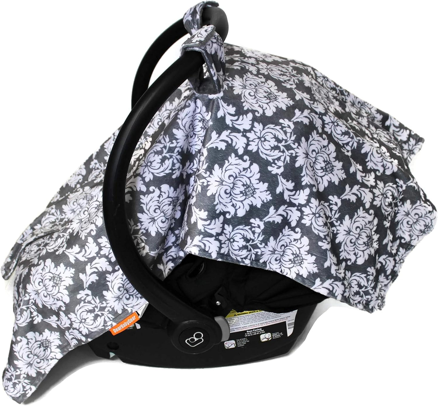 Deluxe Car Seat Canopy, Custom Minky Print Grey and White Damask, Grey Minky Dot