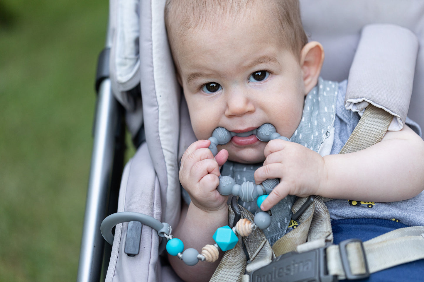 Tag-A-Long Silicone Infant Teether Toy with Ring, Beaded String, and Clip, Gray Baby Teether