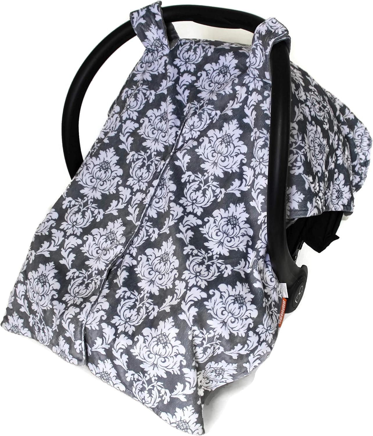 Deluxe Car Seat Canopy, Custom Minky Print Grey and White Damask, Grey Minky Dot