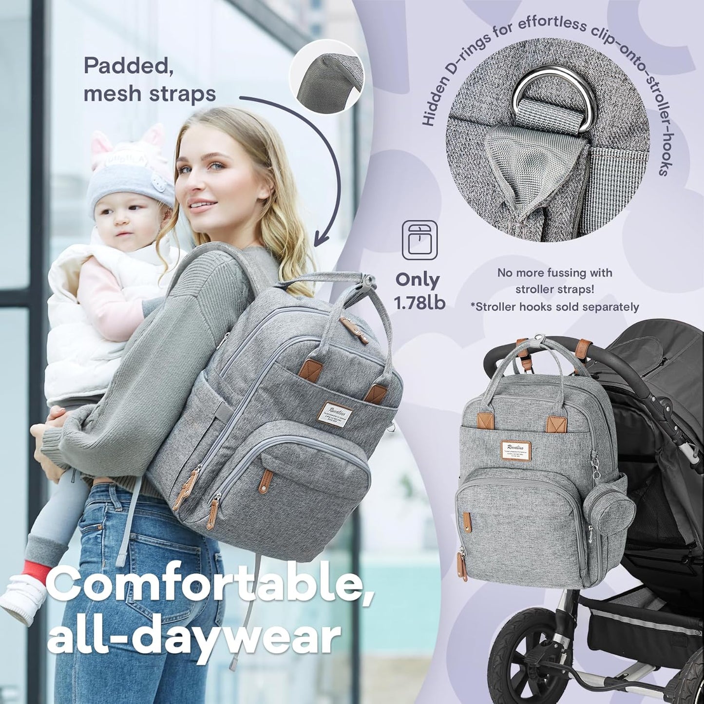 Diaper Bag Backpack-Multifunction Travel Baby Diaper Bag with Changing Pad, Insulated Bottle Holders & Pacifier Case, Large Capacity, Waterproof, Gray