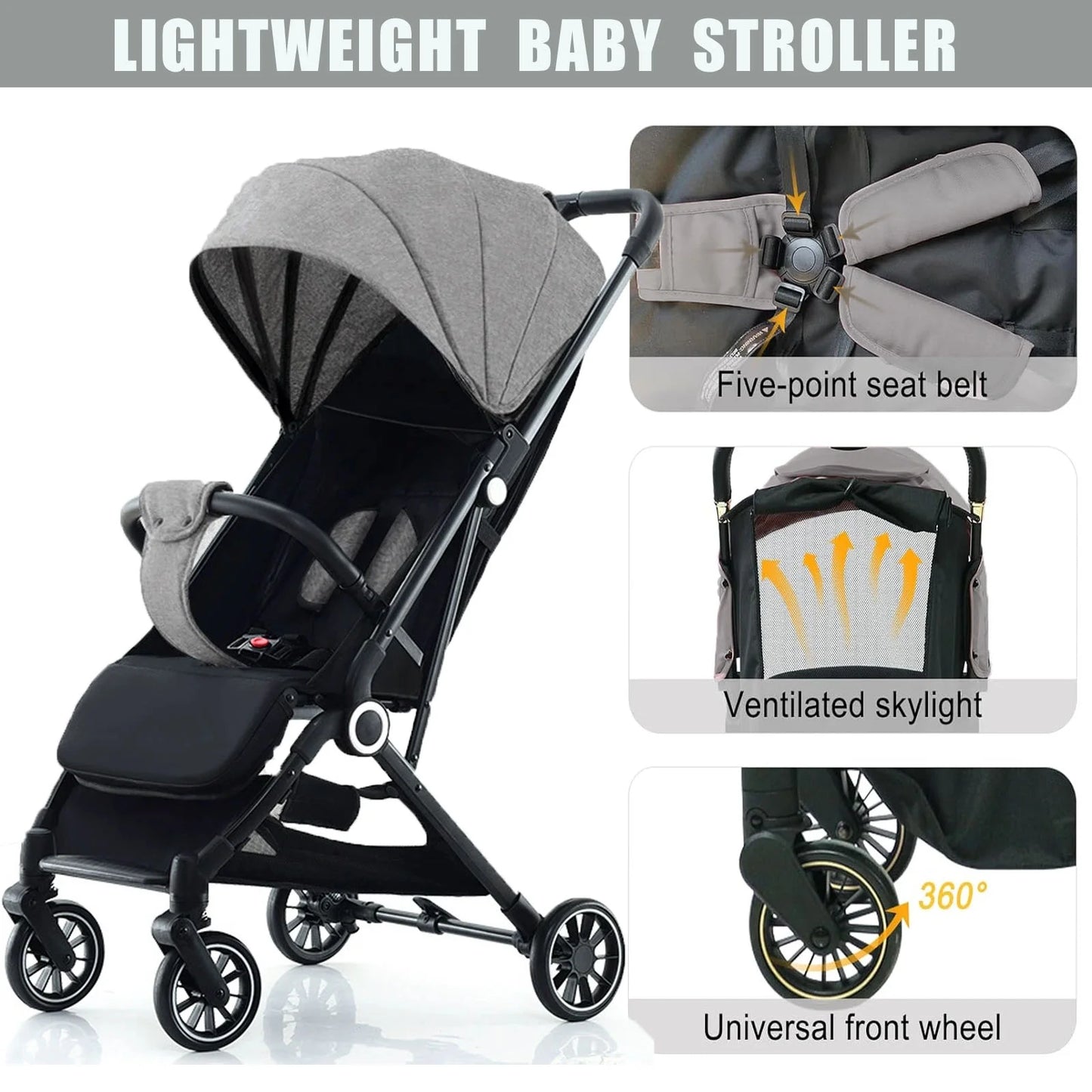 Baby Stroller, Portable On-The-Go One-Touch Retractable Folding Stroller for 0-4 Years Old Babies. Gray