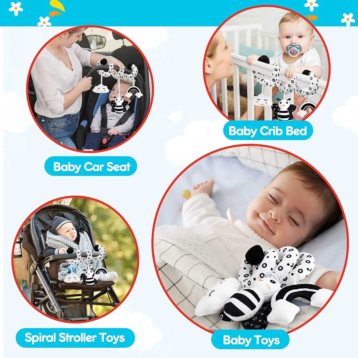 Baby Spiral Hanging Stroller and Car Seat Toys Black and White High Contrast Sensory Toy Newborn Plush Activity Toys for Bed Bassinet Crib Baby Carrier Gifts for 0 3 6 9 12 Months Girls Boys