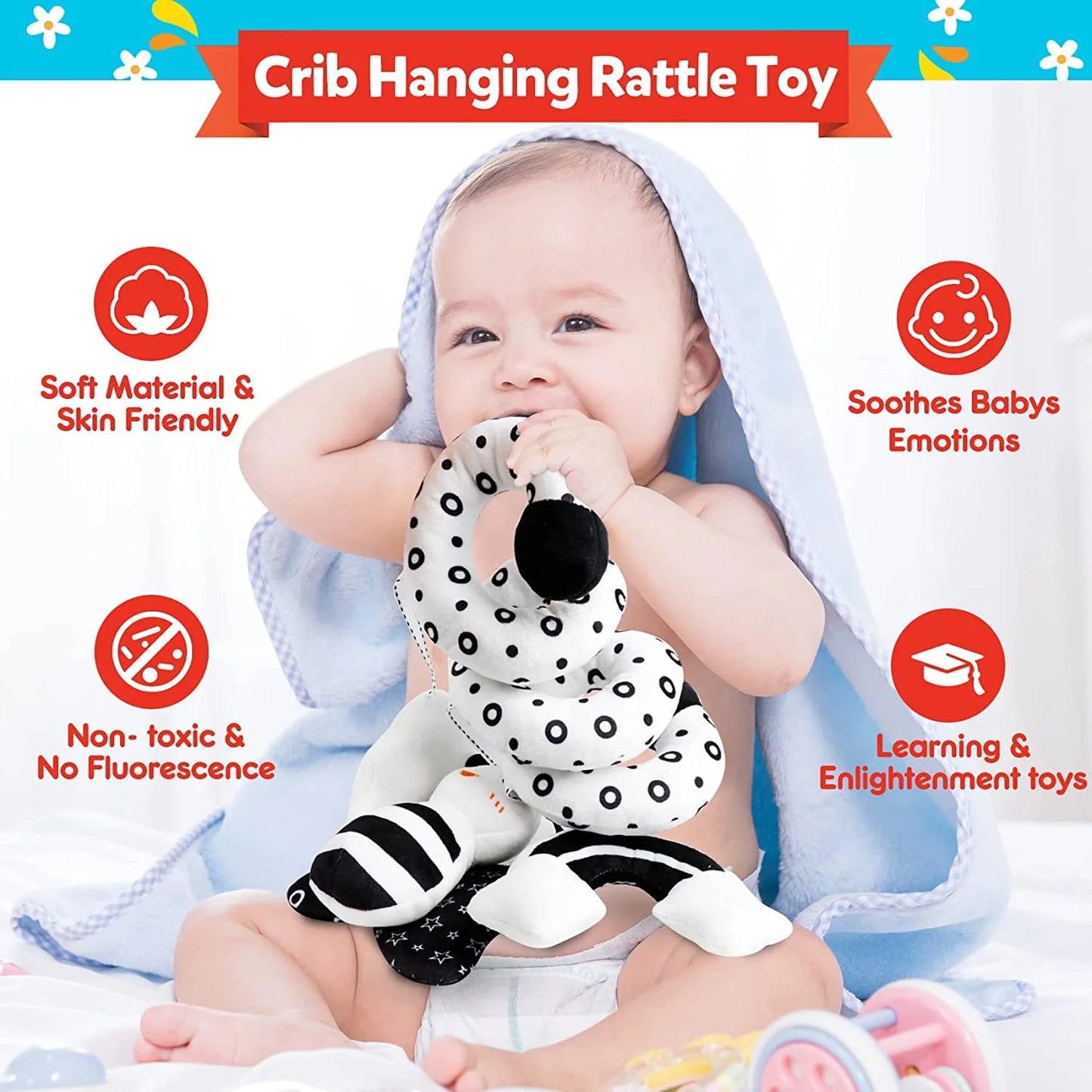 Baby Spiral Hanging Stroller and Car Seat Toys Black and White High Contrast Sensory Toy Newborn Plush Activity Toys for Bed Bassinet Crib Baby Carrier Gifts for 0 3 6 9 12 Months Girls Boys