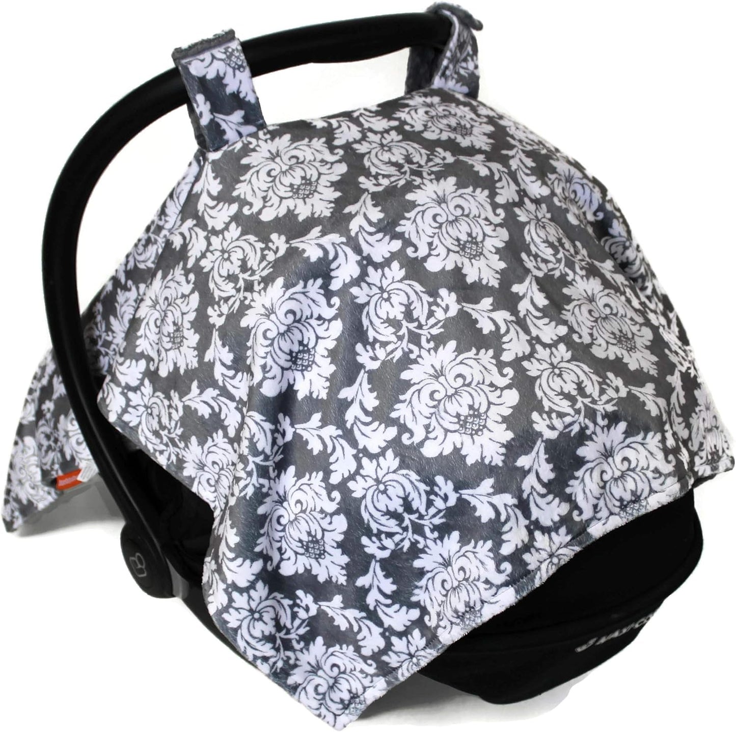 Deluxe Car Seat Canopy, Custom Minky Print Grey and White Damask, Grey Minky Dot