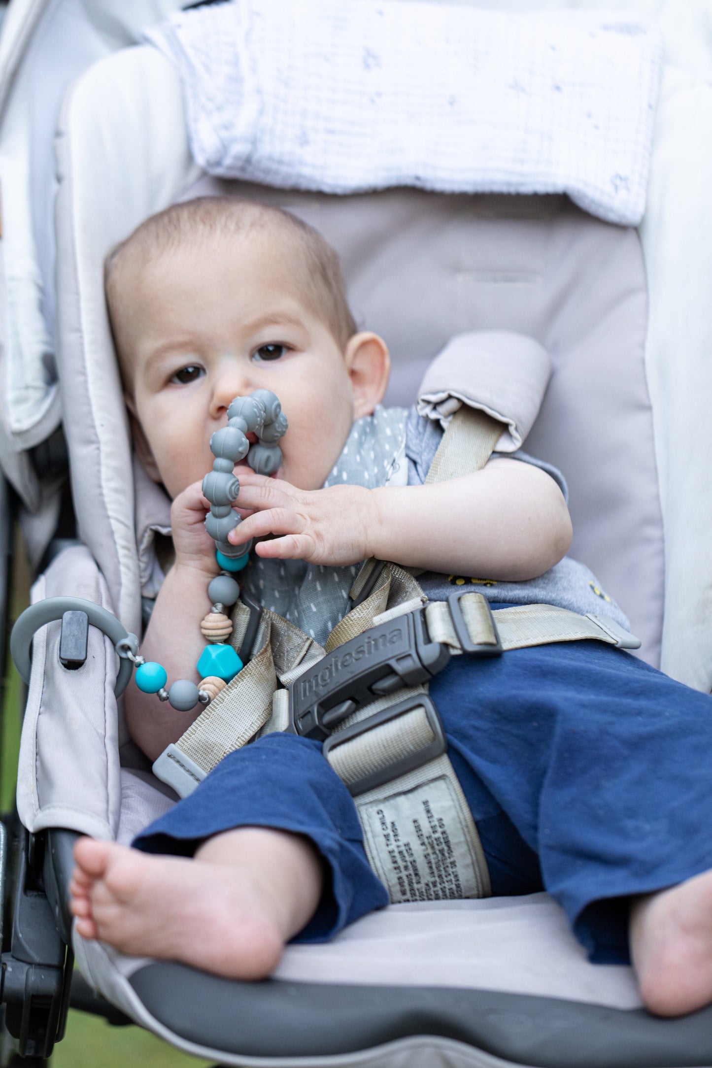 Tag-A-Long Silicone Infant Teether Toy with Ring, Beaded String, and Clip, Gray Baby Teether