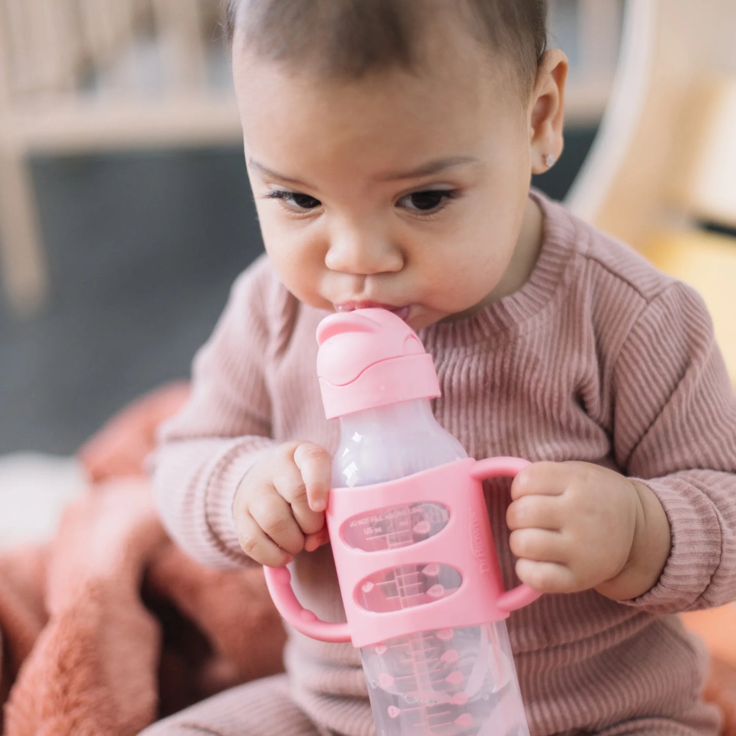 Milestones Narrow Sippy Straw Bottle, 100% Silicone Handles, 8Oz, Pink/Gray, 2 Pack