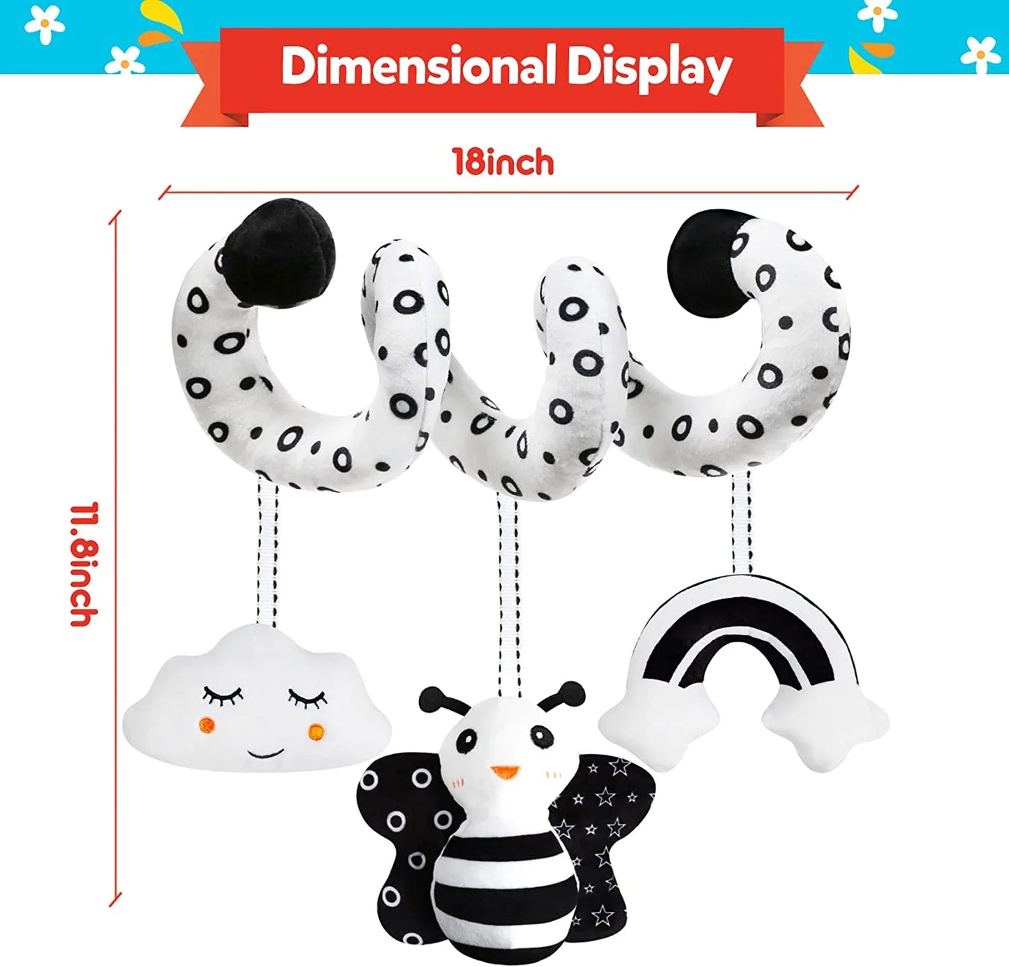 Baby Spiral Hanging Stroller and Car Seat Toys Black and White High Contrast Sensory Toy Newborn Plush Activity Toys for Bed Bassinet Crib Baby Carrier Gifts for 0 3 6 9 12 Months Girls Boys