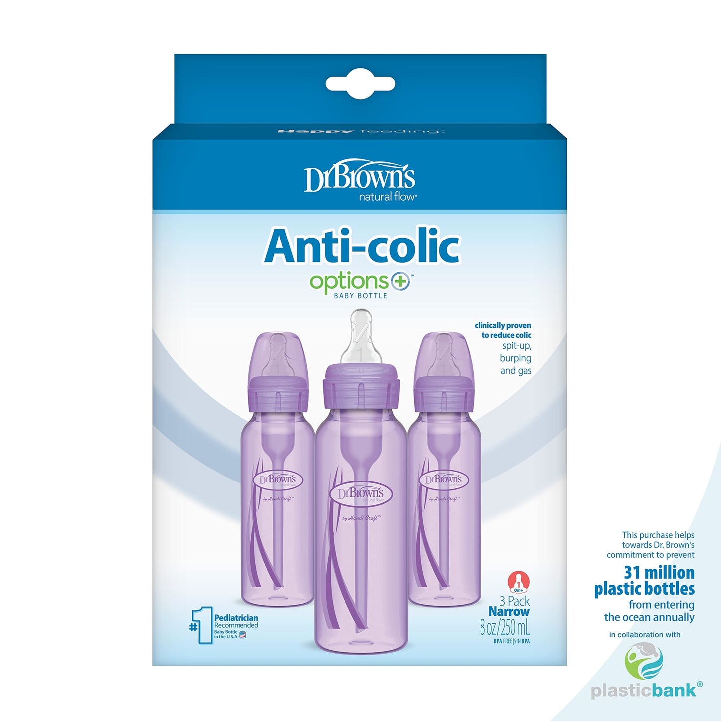 Dr Brown'S 8 Oz anti Colic Baby Bottles 3 Pack Lavender BPA Free Narrow