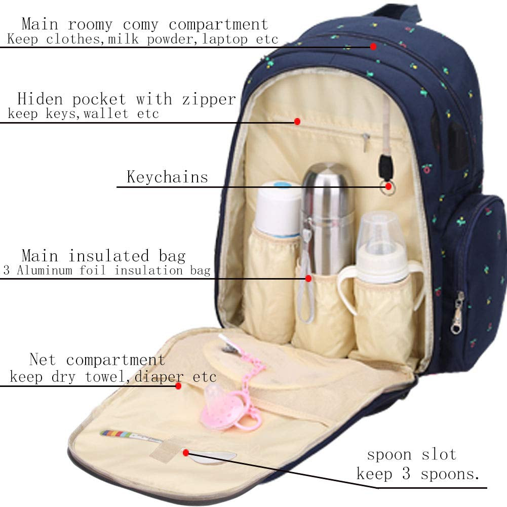 Diaper Bag Backpack, Baby Essentials Bag with Insulated Pockets Stroller Straps, (Blue Flowers)