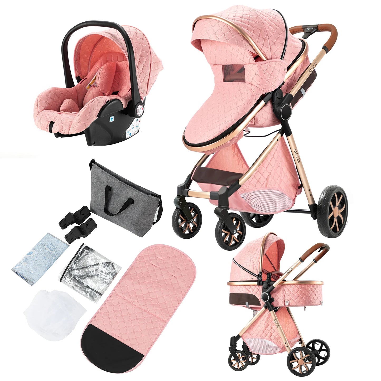 Lightweight Baby Stroller 3 in 1 Newborns Travel System Prams Multifunctional High Landscape Baby 4 in 1 Strollers with Isofix