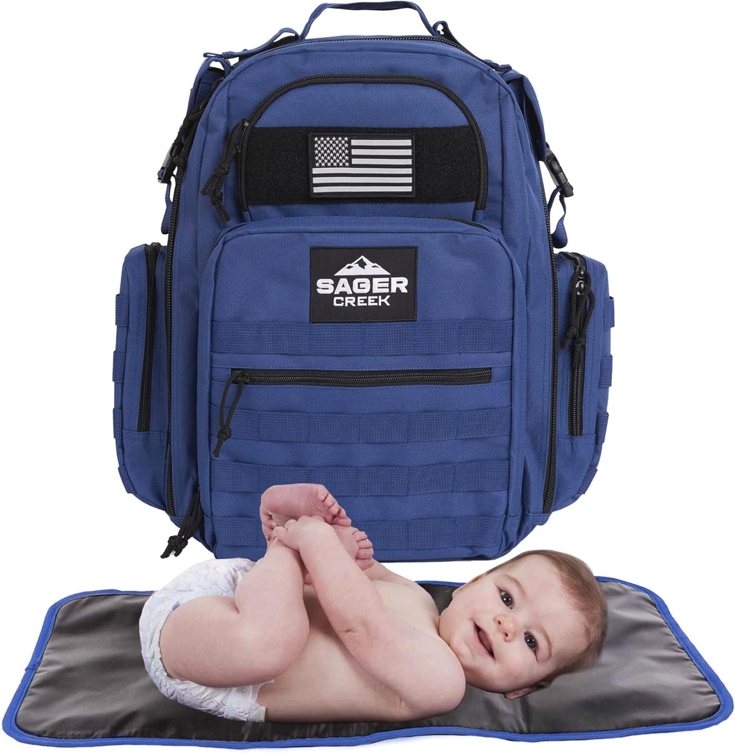 Dad Diaper Bag Backpack with Changing Pad. Waterproof Military Diaper Backpack for Men W/Insulated Compartment (Blue)