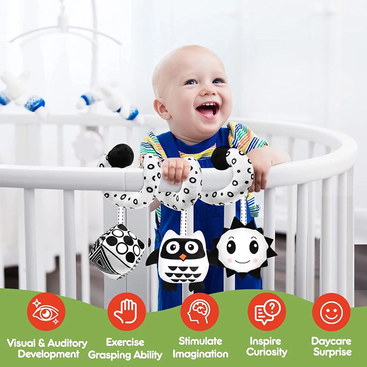 Baby Spiral Hanging Stroller and Car Seat Toys Black and White High Contrast Sensory Toy Newborn Plush Activity Toys for Bed Bassinet Crib Baby Carrier Gifts for 0 3 6 9 12 Months Girls Boys