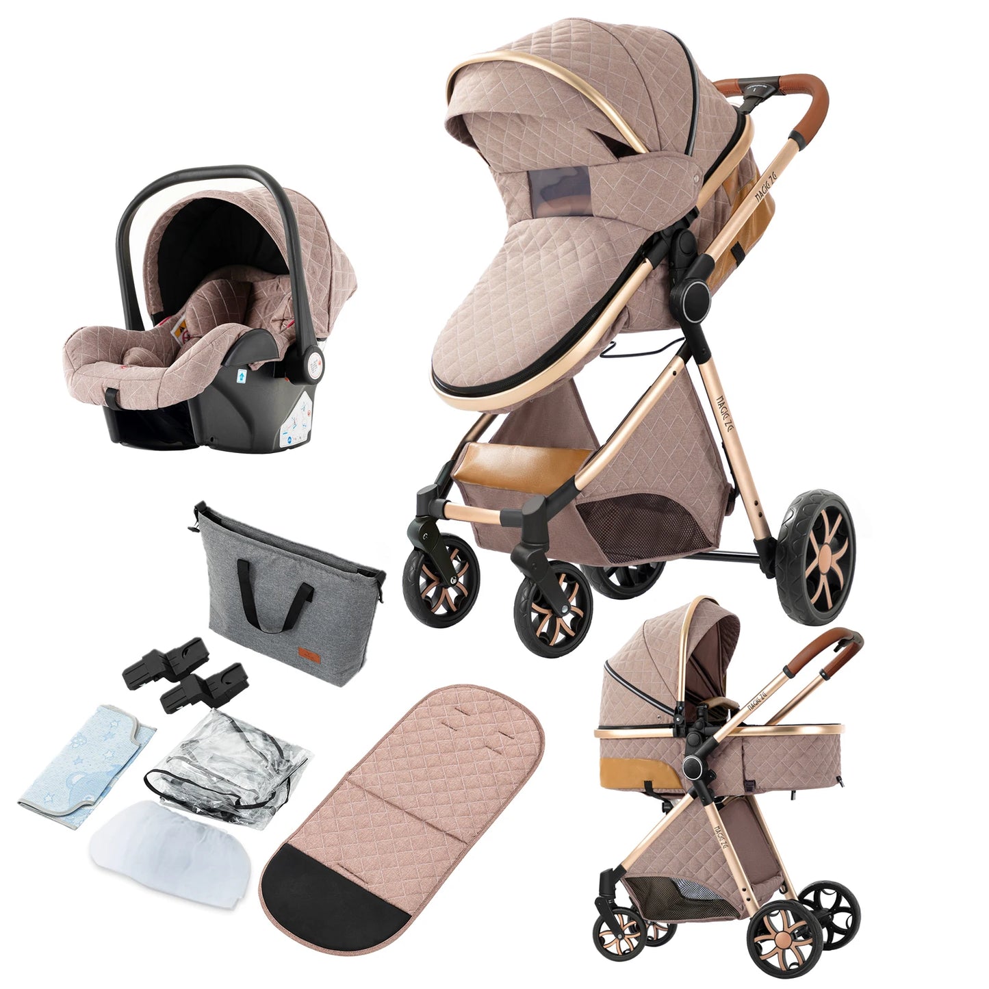 Lightweight Baby Stroller 3 in 1 Newborns Travel System Prams Multifunctional High Landscape Baby 4 in 1 Strollers with Isofix