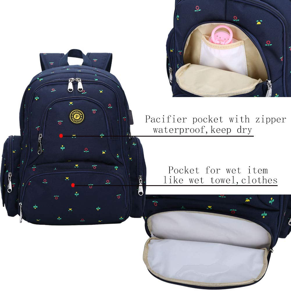 Diaper Bag Backpack, Baby Essentials Bag with Insulated Pockets Stroller Straps, (Blue Flowers)
