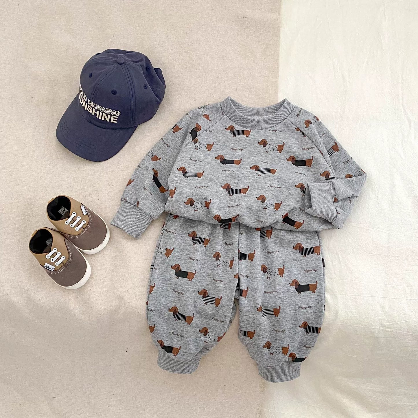 Spring and Autumn Baby Kids Boys Letters and Puppy Pattern Top Pullover and Pants Clothing Set