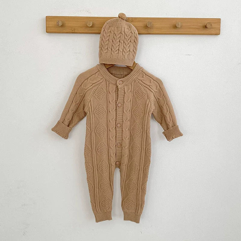 Autumn Arrival Unisex Baby’s Solid Color Geometric Jacquard Pattern Knitted Rompers