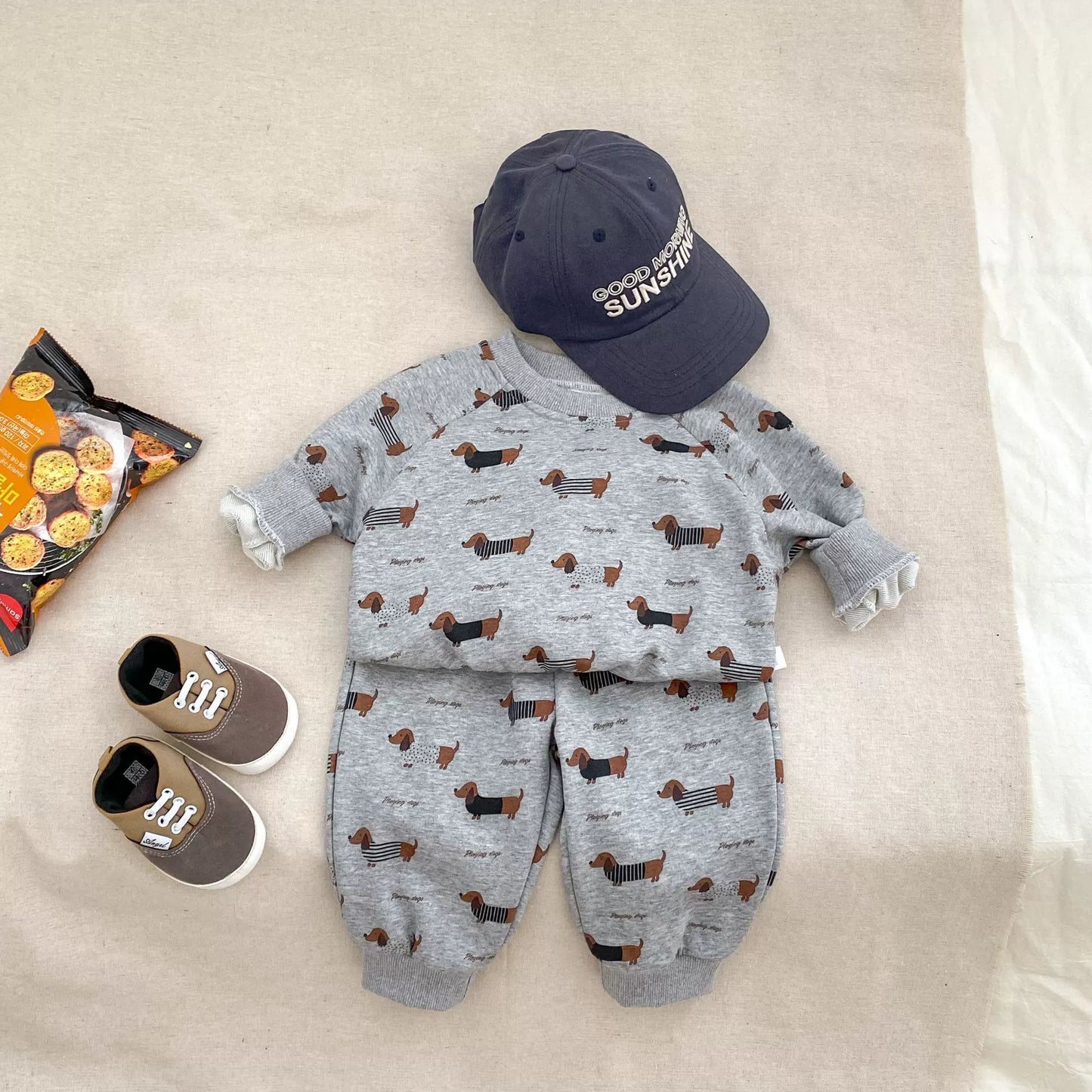 Spring and Autumn Baby Kids Boys Letters and Puppy Pattern Top Pullover and Pants Clothing Set