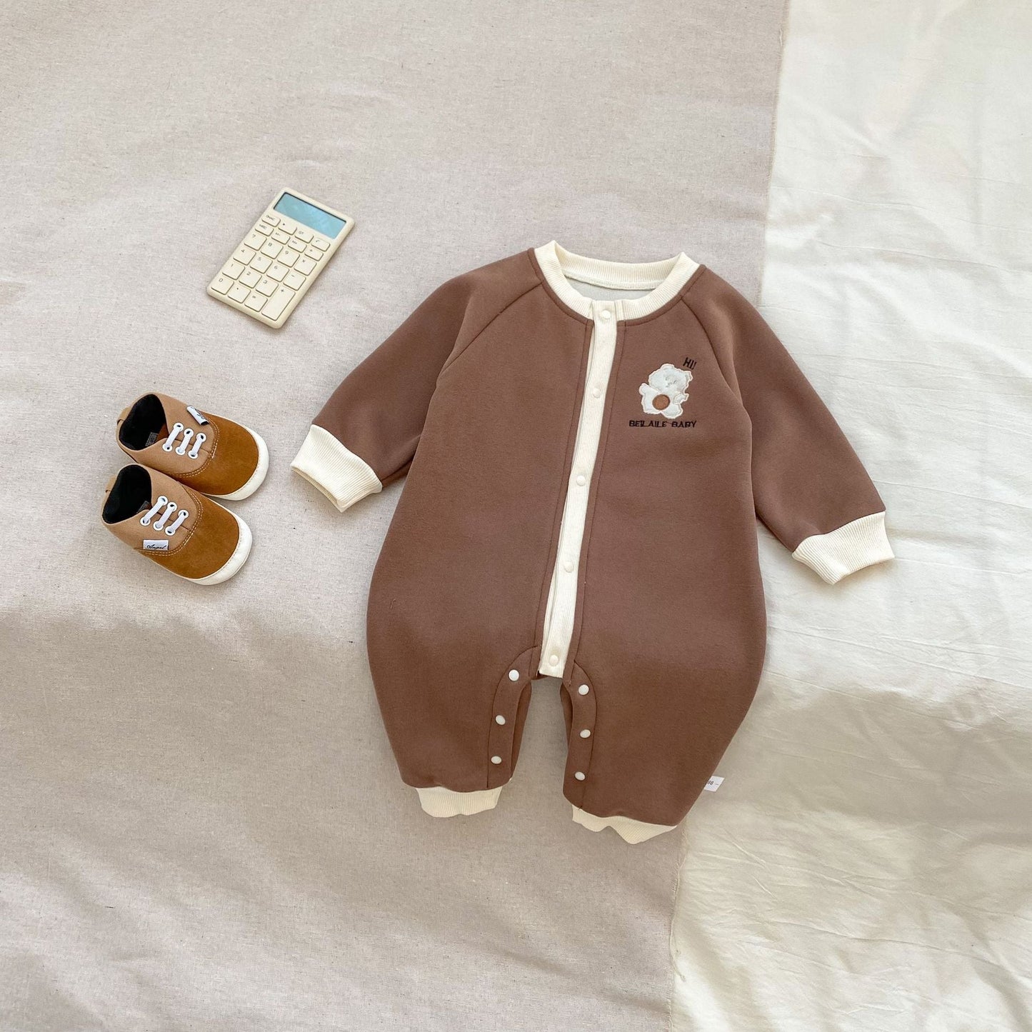 Autumn and Spring Arrival Baby Unisex Simple Teddy Pattern Long Sleeves Cozy Rompers