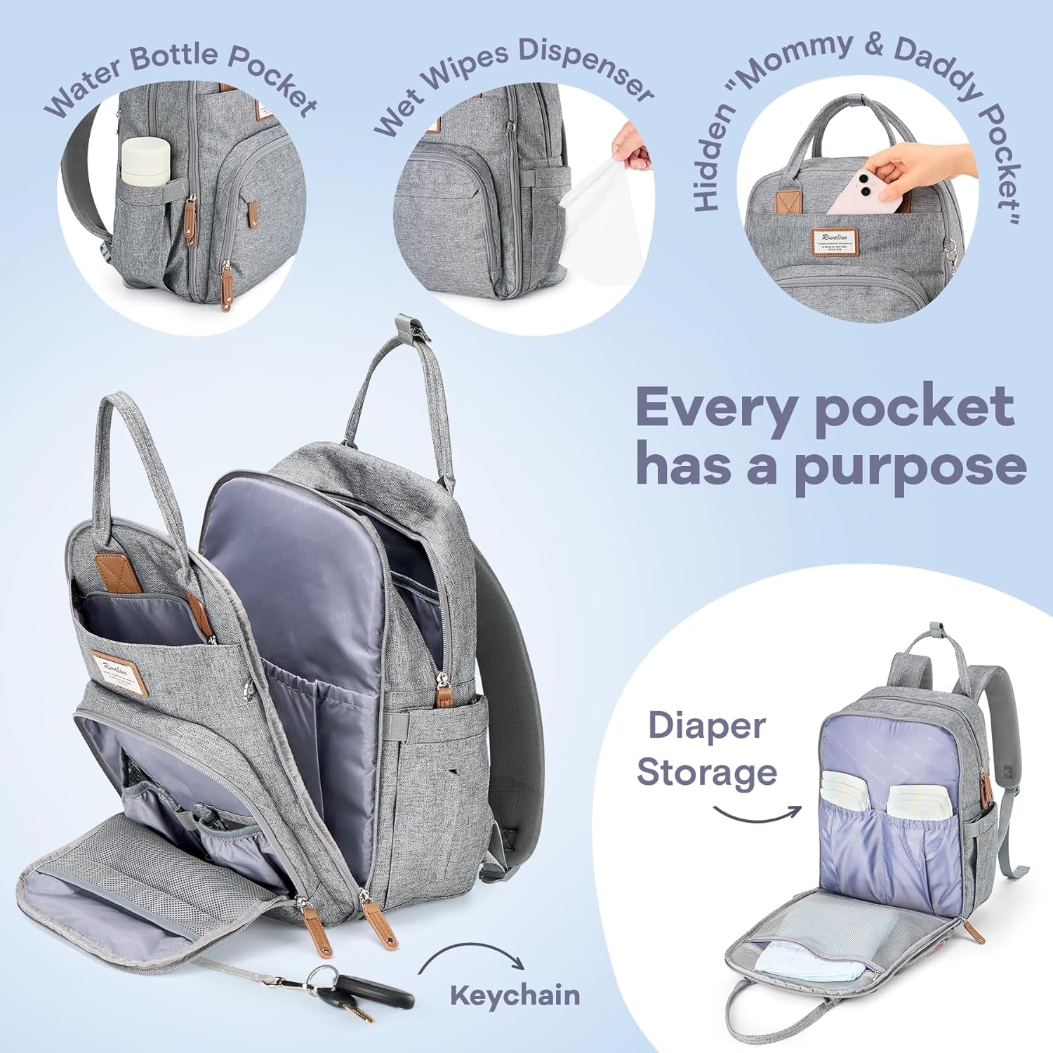 Diaper Bag Backpack-Multifunction Travel Baby Diaper Bag with Changing Pad, Insulated Bottle Holders & Pacifier Case, Large Capacity, Waterproof, Gray