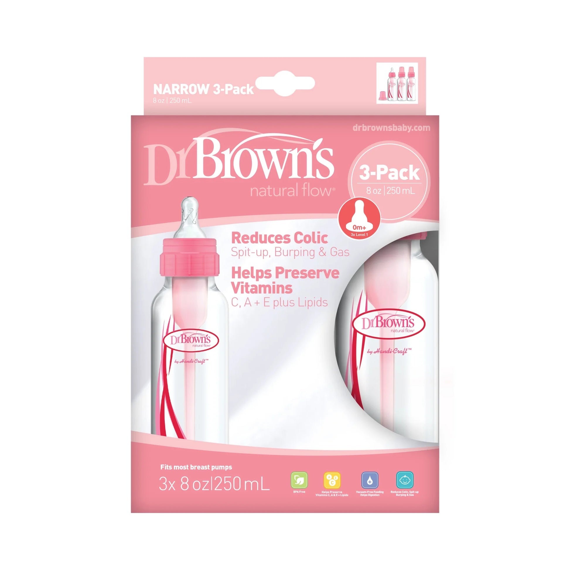 Natural Flow Anti-Colic Baby Bottles -Pink - 8Oz - 3-Pack