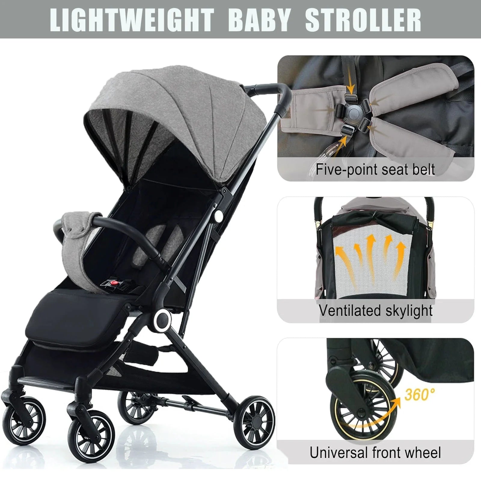 Baby Stroller, Portable On-The-Go One-Touch Retractable Folding Stroller for 0-4 Years Old Babies. Gray