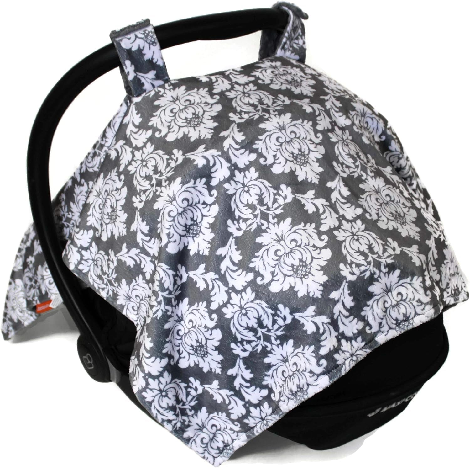 Deluxe Car Seat Canopy, Custom Minky Print Grey and White Damask, Grey Minky Dot