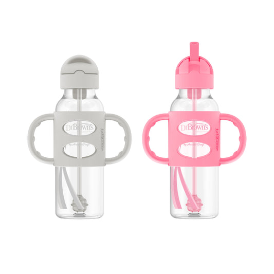 Milestones Narrow Sippy Straw Bottle, 100% Silicone Handles, 8Oz, Pink/Gray, 2 Pack