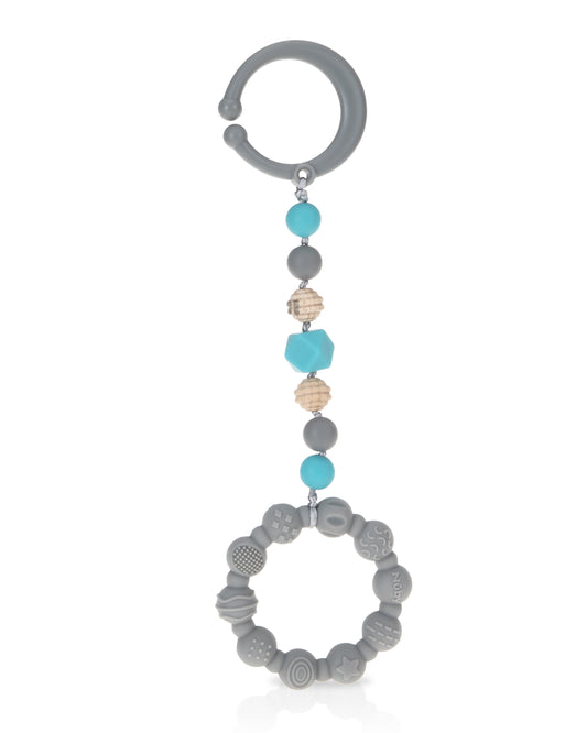 Tag-A-Long Silicone Infant Teether Toy with Ring, Beaded String, and Clip, Gray Baby Teether