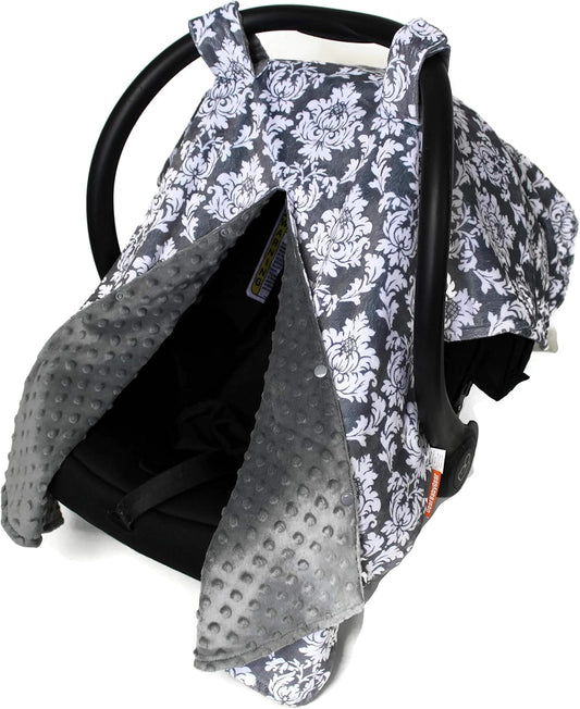 Deluxe Car Seat Canopy, Custom Minky Print Grey and White Damask, Grey Minky Dot