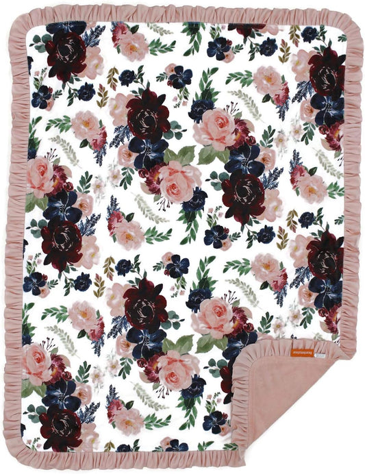 - Reversible Baby Blankets - Soft Nursery Blanket for Newborn - Toddler Blankey - Throw Blanket for Boys & Girls - Infant Blankets - 43X33 (Burgundy and Navy Floral with Blush Ruffles)