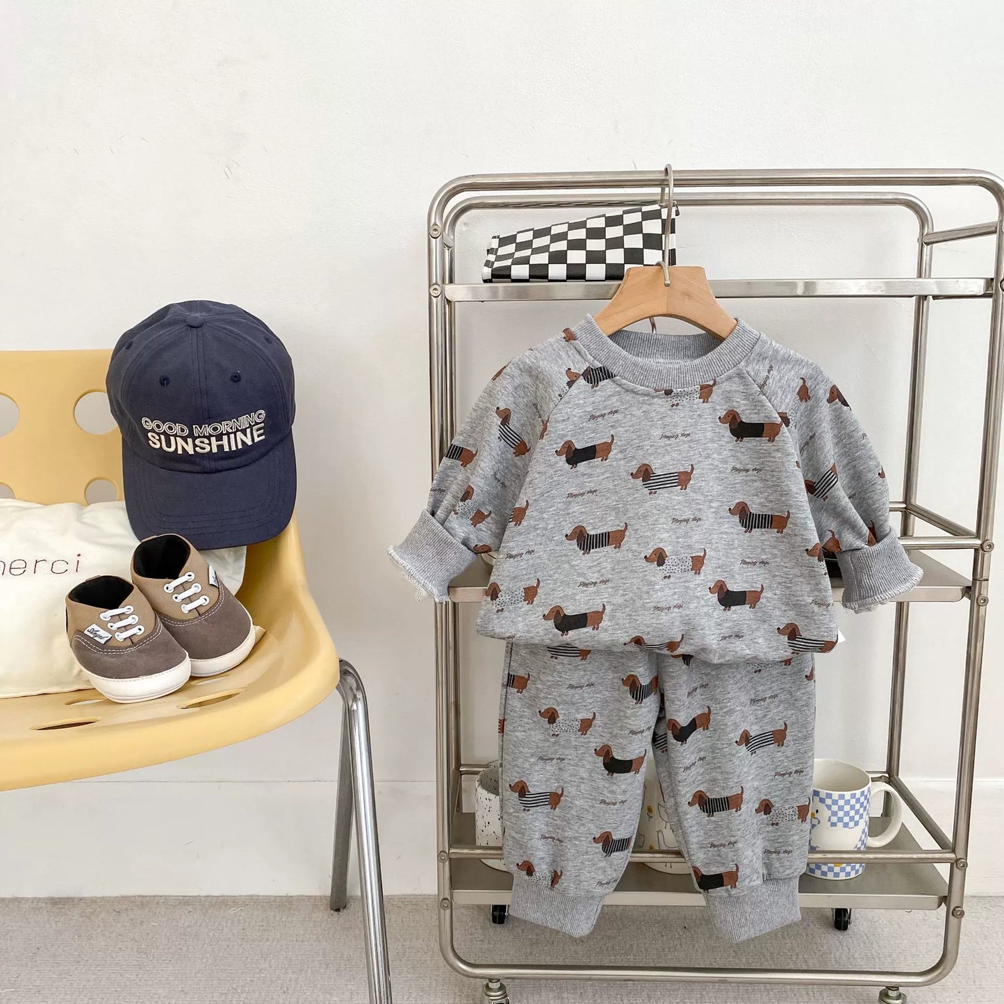 Spring and Autumn Baby Kids Boys Letters and Puppy Pattern Top Pullover and Pants Clothing Set